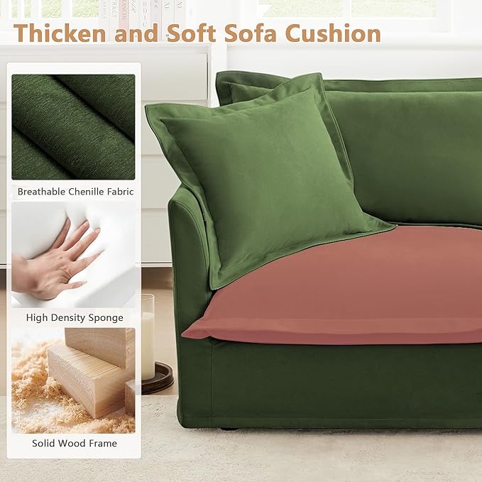 Modern Single Sofa Chair with Ottoman 49 Slipcovered Armchair Oversized Upholstered Accent Chair Comfy Cloud Deep Seat Sofa with 2 Throw Pillows for Living Room Apartment Chenille Green