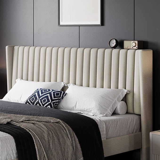 Yaheetech King Bed Frame Upholstered Platform Bed with Fabric Headboard Wing Edge Design/Non-Slip and Noise-Free/Wooden Slats Support/No Box Spring Needed/Easy Assembly Beige King Bed