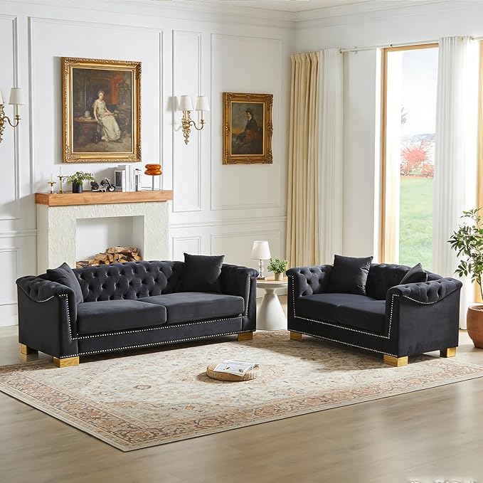 2 Pieces Chesterfield Sofa Set Tufted Velvet Couch with Rolled Arms Mid Century Modern Couch and Loveseat Sets with Nailhead Trim&ampGold Legs Comfy Deep Seat Couches Living Room Furniture (Black)