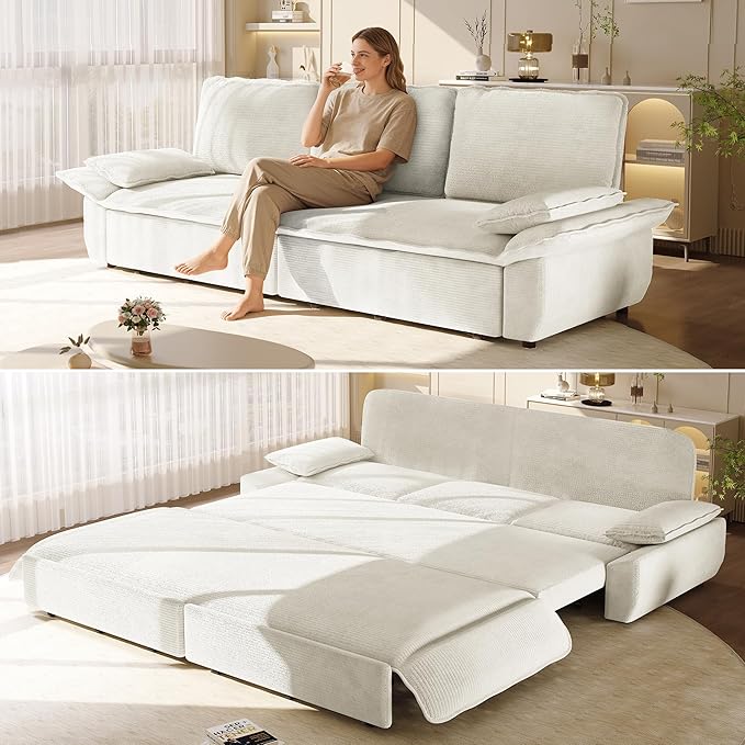 94.5'' Sleeper Sofa Bed King Size Modern Corduroy Pull Out Couch 3-in-1 Convertible Futon Sofa 3 Seater Couches Cloud Recliner Pillow Arm for Living Room Apartment Offices Beige
