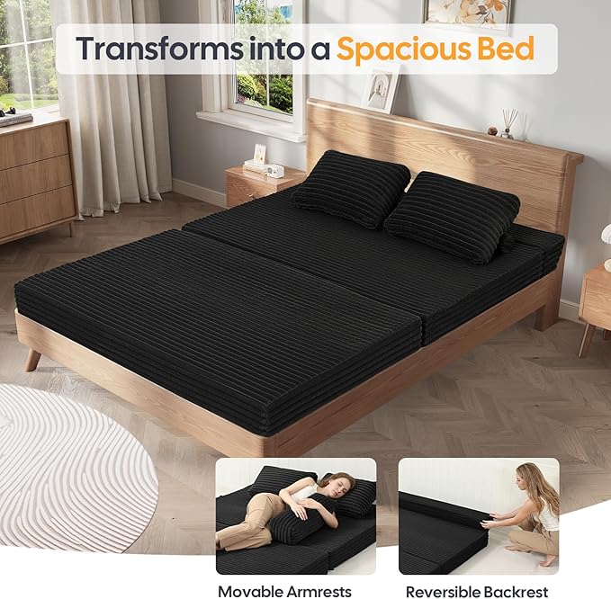 MeMoreCool Convertible Sofa Bed Black Folding Floor Couch Bed Queen Pull Out Sleeper Couch with Pillows Corduroy Fold Out Futon Sofa for Bedroom Living Room Small Space