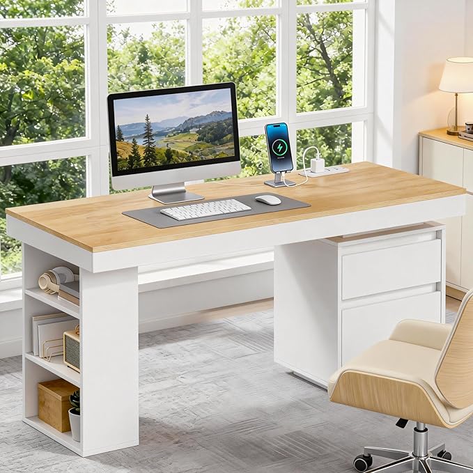 55'' Modern Executive Desk with Drawers Set of 2 Wooden Computer Desk with File Drawer and Charging Station 3-Tier Open Side Shelf for Home Office and Living Room Natural and White