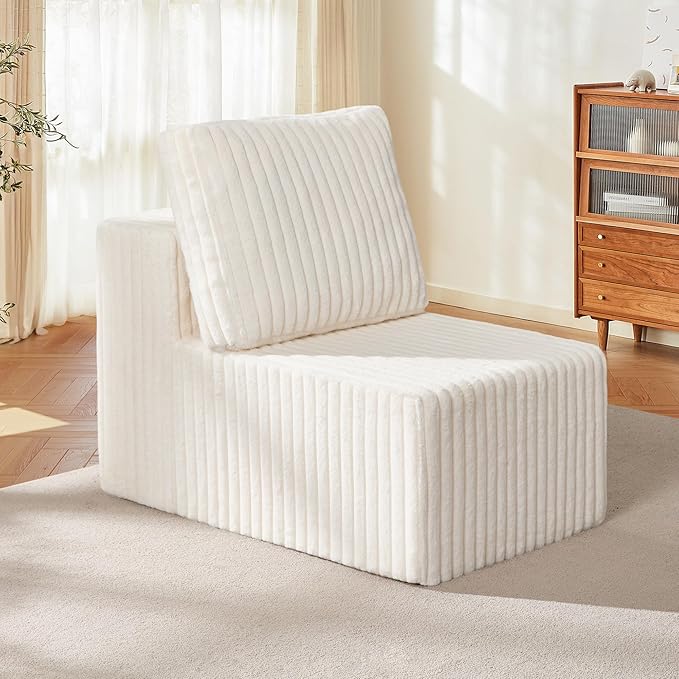 Single Sofa 1 Seat Couch with Deep Seat Memory Foam Cloud Chair with Pillows Large Sofa with L Shape for Living Room Bedroom (Strip White Single)