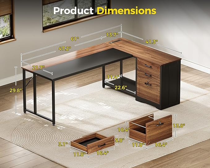 AODK 61 L Shaped Office Desk with Wood Drawers &amp Lockable File Cabinet Reversible 21.7 D Corner Computer Desk with Built-in Power Outlets Executive Desk for Home Office Walnut
