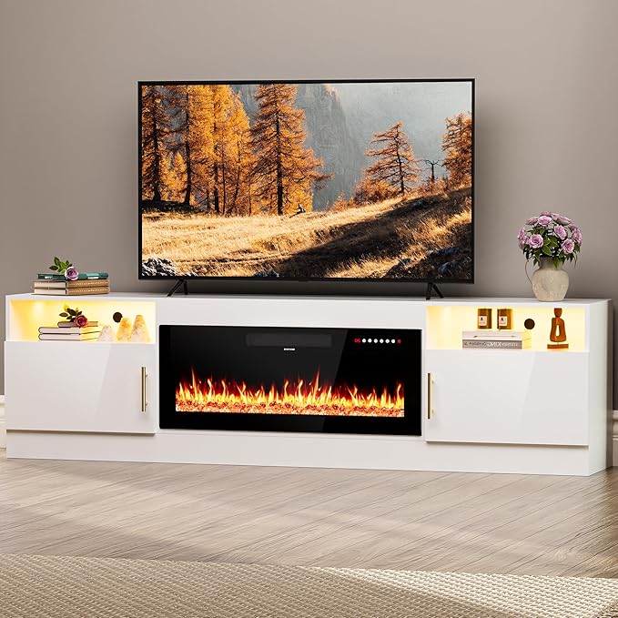 AHB Fireplace TV Stand 80 Inch LED Light Entertainment Center with 36 Electric Fireplace Storage Cabinet and Door Handles Media Console Table for TVs Up to 90 Inches Ideal for Living Room