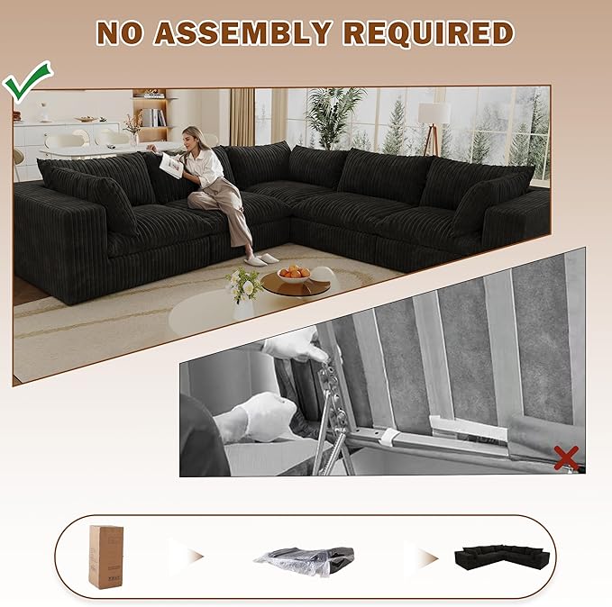 118.2 Modern V Shaped Corner Sofa Comfy Modular Sectional Cloud Couch with Plush Corduroy Fabric Deep Seat Upholstered Sofa Fluffy Boneless Couches for Living Room No Assembly (Black)