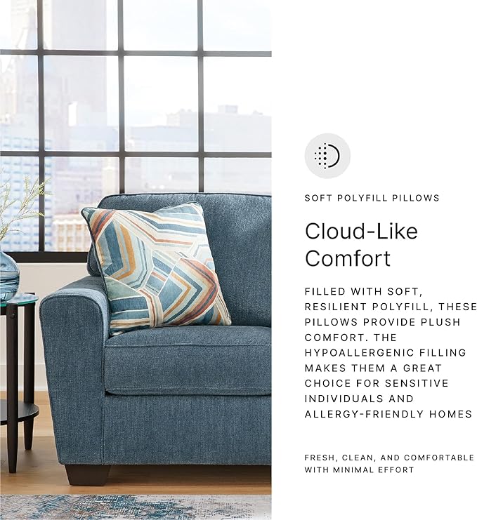 Signature Design by Ashley Cashton Contemporary Loveseat Exposed Feed With Faux Wood Finish Accent Pillows Fabric Upholstery 63 W x 38 D x 39 H Blue