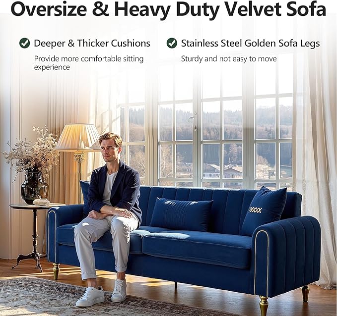 87.5 Modern 3-Seater Velvet Couch with Metal Legs &amp Decorative Pillows High Resilience Sponge Spring Seat Luxury Sectional Loveseat Sofa for Living Room Apartment Small Space Blue