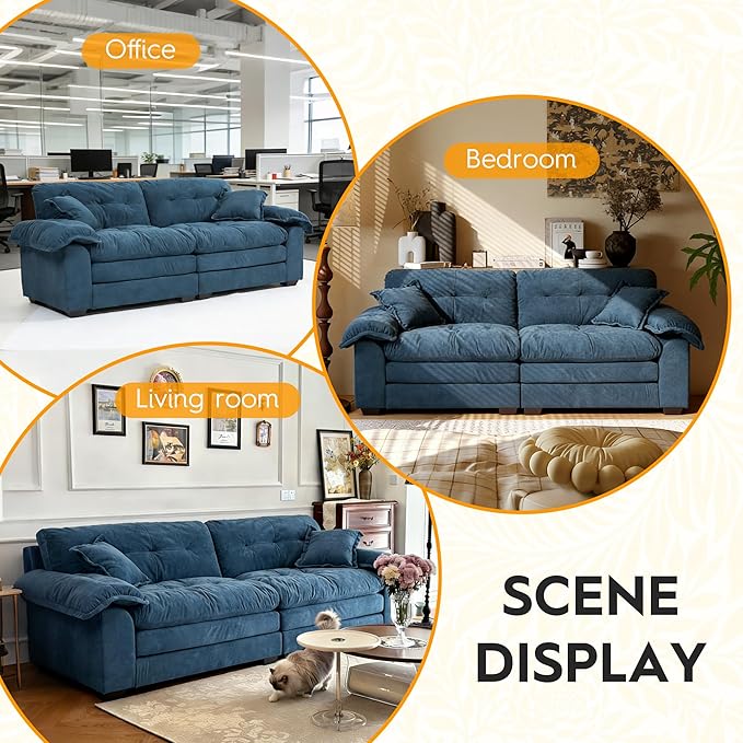Modern 84 Chenille Loveseat Sofa Ultra-Comfy Upholstered Couch with 2 Pillows for Apartment Living Room Bedroom or Home Office (Blue)