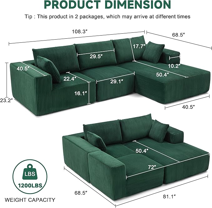 HUATEAN 108” Modular Sectional Sofa Cloud Sectional Couch with Deep Seat Modern Modular L-Shape Sofa Couch with ChaiseUpholstered Couches for Living Room Bedroom (Corduroy Green)