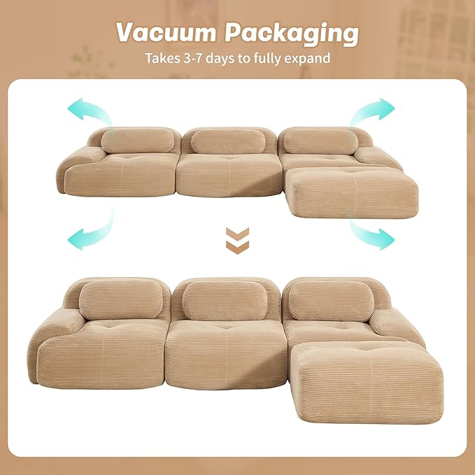 117 Boneless Couch L-Shaped Modular Sectional Sofa for Living Room Compressed Sofa with Deep Seat Corduroy Cloud Couch with Ottoman No Assembly Needed
