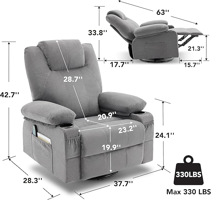 Swivel Rocker Recliner Chair with Heat and Massage Big Oversized Rocking Single Sofa for Living Room 360 Degree Swivel Recliner Chair with Cup Holders and USB Port (Fabric Grey)