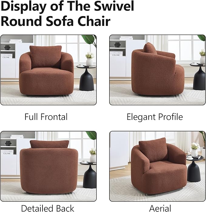 Swivel Accent Chair 360° Rotating Barrel Chair with Teddy Fleece Upholstery &amp High-Resilience Sponge Cushion Easy Assembly Single Sofa for Living Room Bedroom or Apartment (Brown)