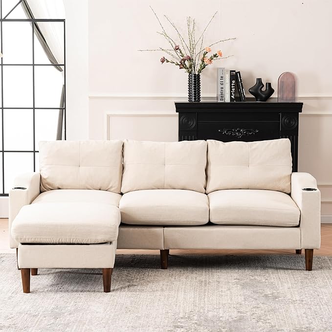 Dolonm L-Shape Modern Sofa Sectional Couch with Built-in USB Port and Convenient Cup Holder 3-Seater Sofa with Storage Ottoman Couch for Living Room Office Apartment Beige