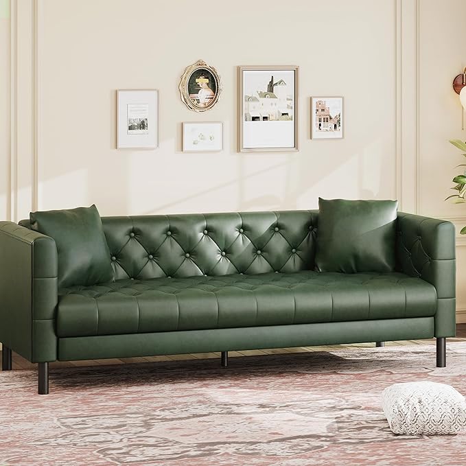 GAOMON Leather Couch Handmade Button Tufted 3 Seater Sofa Chesterfield Sofa with Deep Seat and 2 Pillows Leather Sofa for Living Room Apartment Office Green