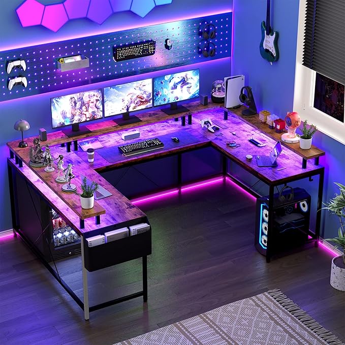 TrailBlaze U Shaped Computer Gaming Desk Reversible L Shaped Desk with Power Outlets Large Corner Desk with Storage Shelves LED Strip &amp Monitor Stand Office Desk with Storage Bag and Hooks Rusti