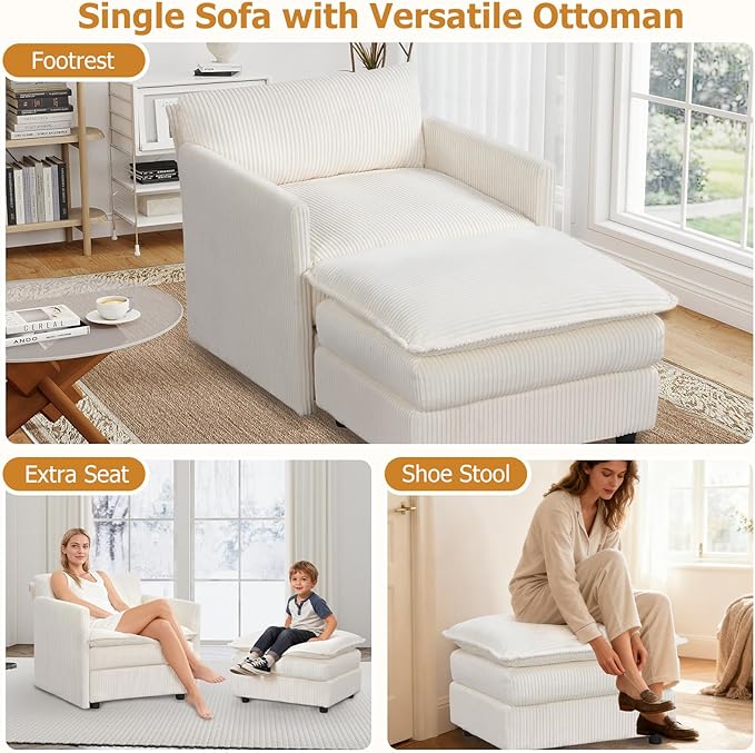 KOMFOTT Oversized Accent Chair with Ottoman Comfy Corduroy Single Sofa Couch w/Soft Cushions &amp Deep Seat Large Upholstered Armchair Reading Chair for Living Room Bedroom Apartment (Beige)