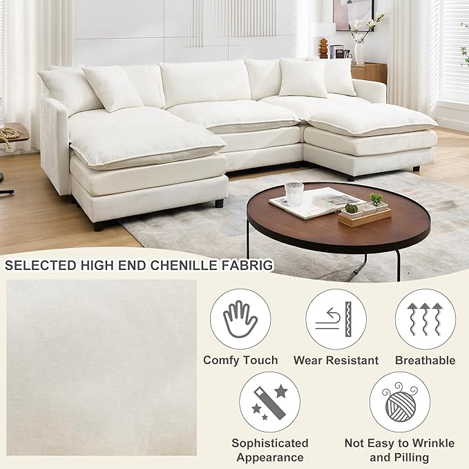 Modular Sectional Sofa Convertible U Shaped Cloud Couch with Memory Foam Comfy Modular Sofa with Ottomans Chenille Fabric for Living Room