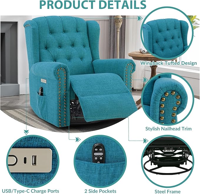 MEETWARM Power Swivel Rocking Glider Recliner Chair with Heat and Vibration Electric Rocker Nursery Reclining Chair Wingback Tufted Upholstered Recliner for Living Room Type-C &amp USB Ports (Teal