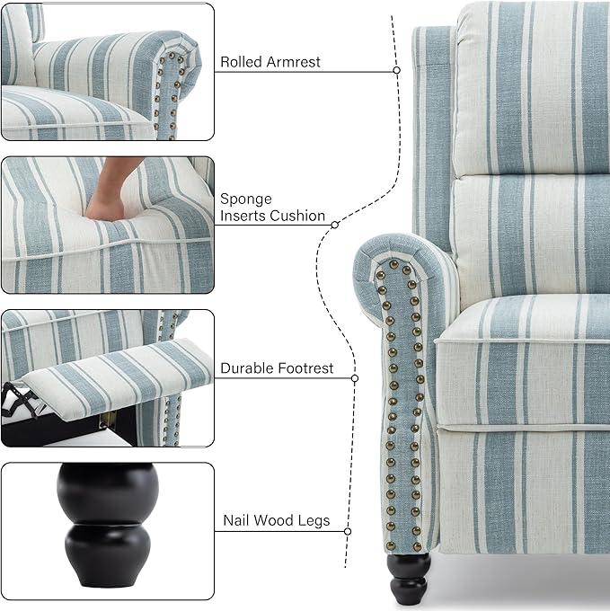 Recliner Chair Modern Pushback Armchair with Adjustable Backrest &amp Footrest for Bedroom Living Room (Blue StripeSet of 2)