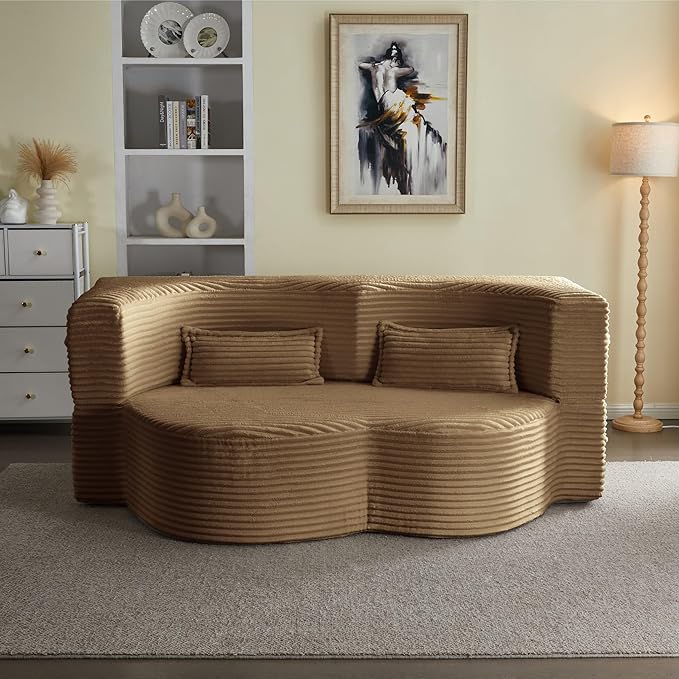 78” Corduroy Floor Sleeper Sofa Bed Modern 2 in 1 Full Size Foldable Mattress with 2 Pillows Convertible Boneless Couch with Deep Seat for Living Room No Assembly Required (Camel) | No Assembly Req