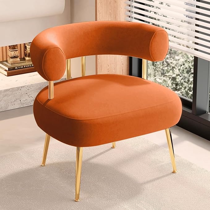 Modern Velvet Accent Chair Round Upholstered Barrel Armchair for Small Spaces Fluffy Side Corner Sofa Chair for Living Room Bedroom Vanity Office Reading Nook(Orange)