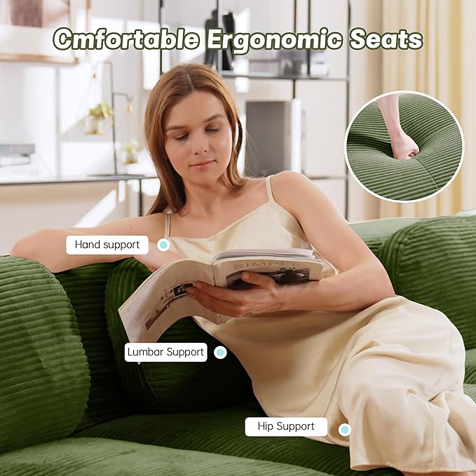 Modular Sectional Sofa Boneless Couch Corduroy Cloud Couch Modern Deep Seat Sectional Couches for Living Room 82 Loveseat Apartment Sofa Small Couches for Small Spaces No Assembly(Green)