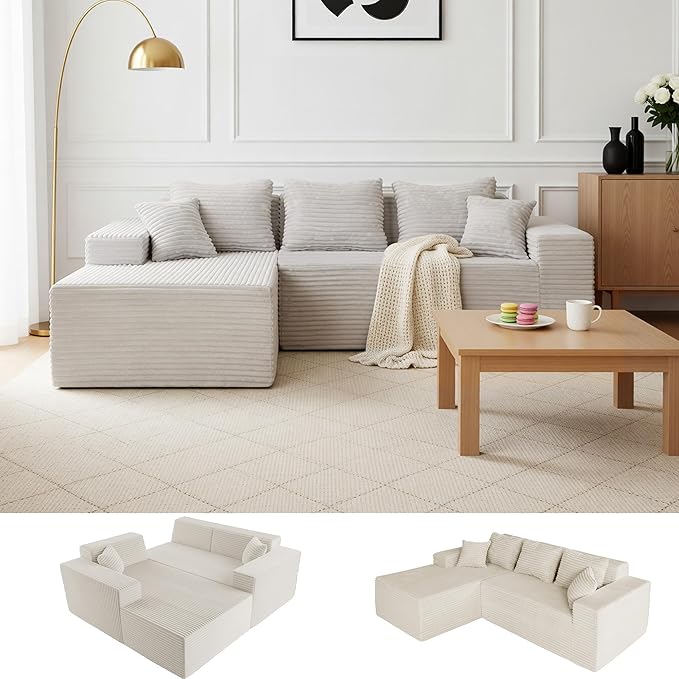 Boneless Couch Cloud Couch Sectional L-Shape Corduroy Modular Sectional Sofa Deep Seat Upholstered Couches for Living Room No Assembly Required Beige Left Facing Chaise