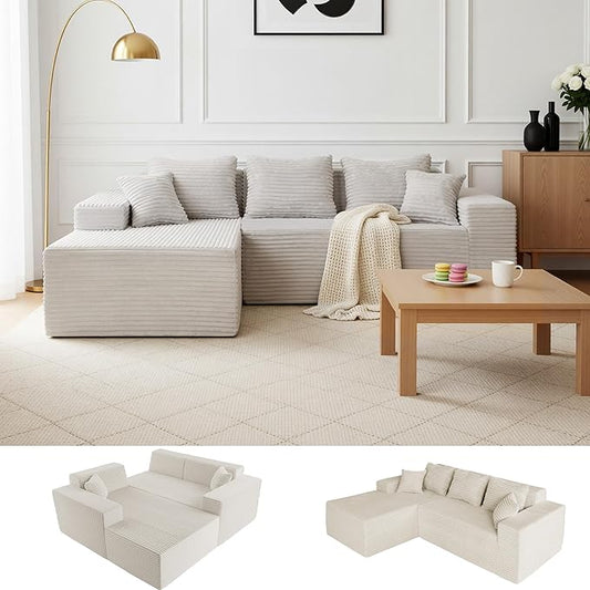Boneless Couch Cloud Couch Sectional L-Shape Corduroy Modular Sectional Sofa Deep Seat Upholstered Couches for Living Room No Assembly Required Beige Left Facing Chaise