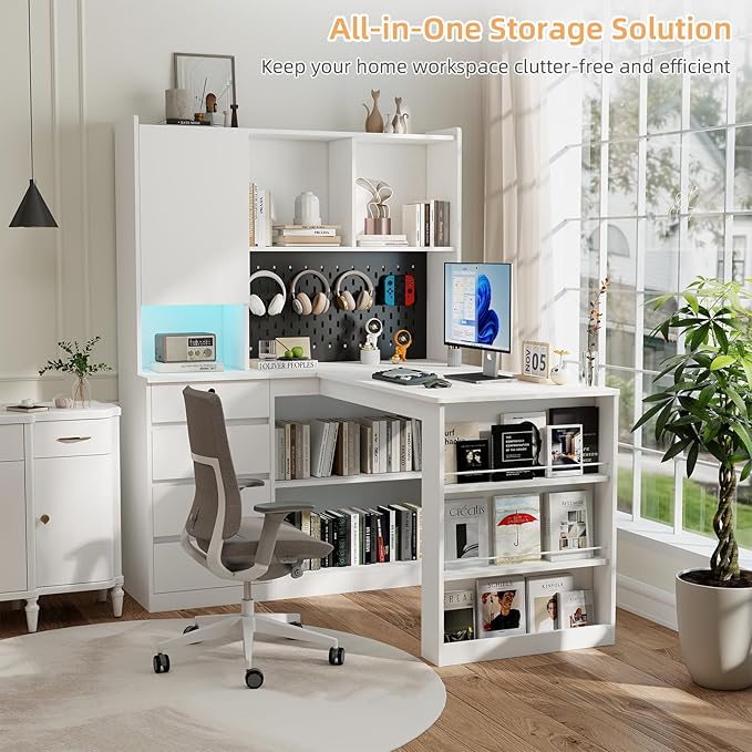 L Shaped Desk with Hutch and 4 Drawers Computer Desk with USB Ports Power Outlets &amp LED Light Wood Corner Computer Desks with Storage Shelves for Home Office White Right Long