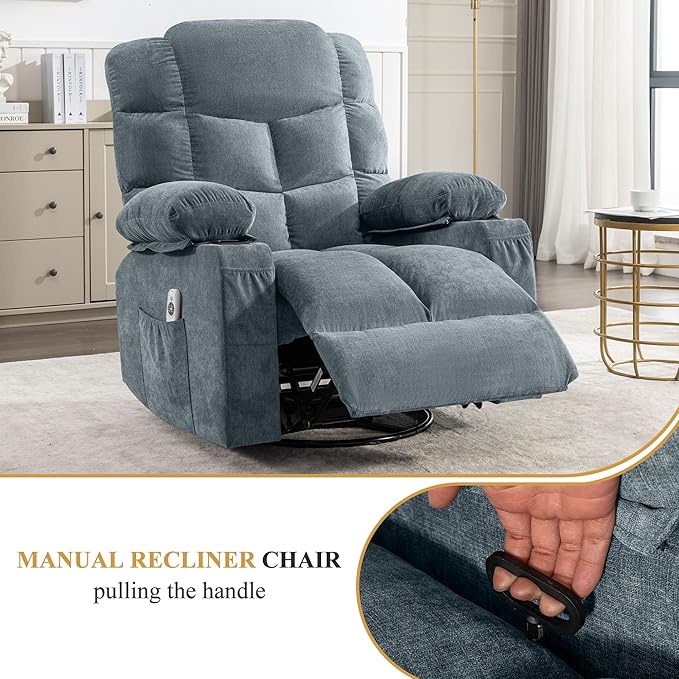 Oversized Massage Swivel Recliner Chair with Lumbar Heating for Living Room Rocker Recliner Single Sofa with Cup Holders and USB Charge Port Large Big Chair Recliners for Adult