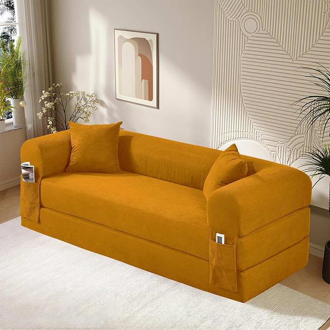 80 Convertible Sofa BedCorduroy Folding Sleeper Sofa Bed Queen with Pillows &amp StorageModular Pull Out Couches Boneless Couch for Living RoomCompressed Couch in a BoxYellow