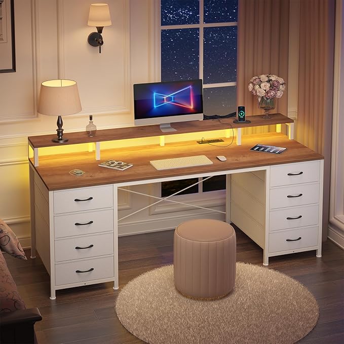 60 Inch Computer Desk with 8 Fabric Drawers Gaming Desk with LED Lights &amp Power Outlets Home Office Desk with Monitor Stand Brown and White