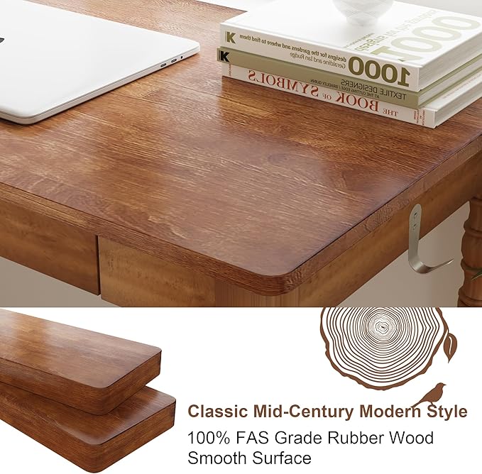 Mid Century Modern Desk 47 Vintage Solid Wood Desk with 2 Drawers Boho Writing Desk Computer Table for Home Office Bedroom Living Room