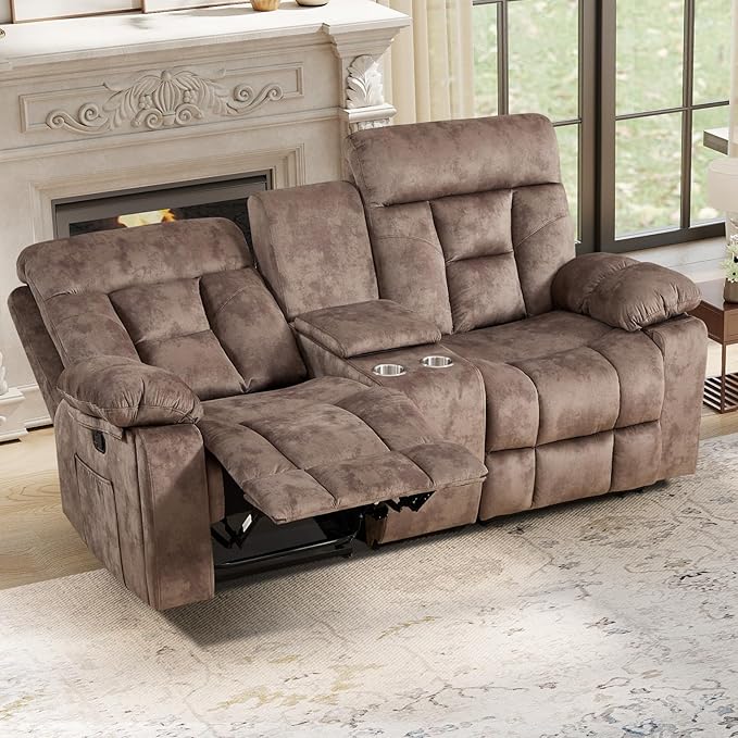 EBELLO Loveseat Recliner Sofa for Living Room Extra Wide Modern Overstuffed 2 Seat Reclining Manual Sofa Chair with Hidden Armrest Cup Holders Breathable Fabric Brown