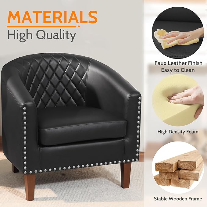 PrimeZone Barrel Chair Set of 2 Comfy Accent Chair Faux Leather Living Room Chairs Club Chair with Cushion Nailhead Trim and Diamond Grid Backrest Reading Chair for Bedroom Waiting Room Black