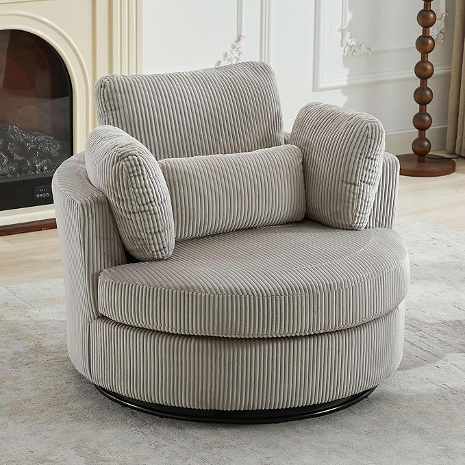 Aoiy &amp Wifon 42 W Oversized Swivel Accent Chair Upholstered Round Barrel Chair Corduroy Light Gray