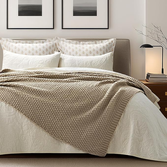 EVERGRACEHOME Chunky Chenille Knit Throw Blanket for Couch Soft Luxurious Moss Stitch Blankets for Bed Cozy Decorative Farmhouse Knitted Throws for Sofa Sand Dune 50 x 60