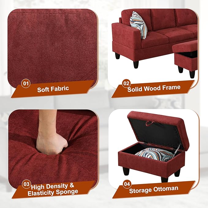 L Shaped Couch Sectional Couch Upholstered Flannelette 3 Pieces Sofas for Living Room with Chaise Ottoman with Storage for Office and Small Apartment Red