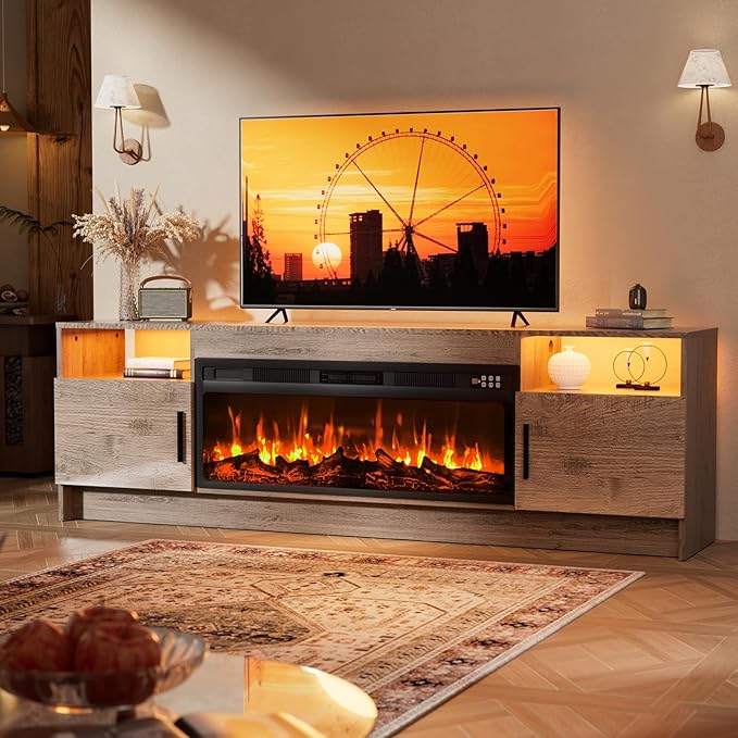 Fireplace TV Stand with 36 Fireplace Up to 80 TV 70 Entertainment Center with LED Lights Remote Control TV Media Console with Storage Cabinets for Living Room Grey