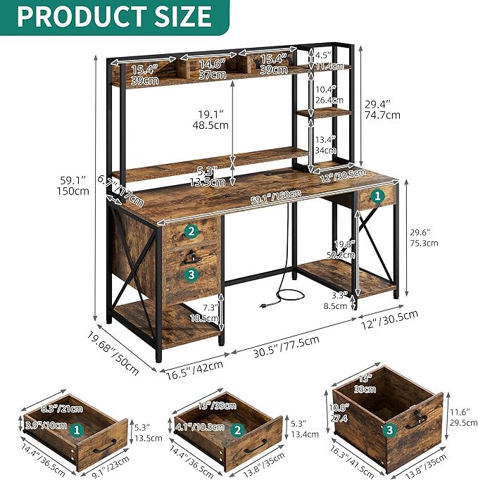 YITAHOME Computer Desk with Hutch &amp Drawers 59 Office Desk with Power Outlets Gaming Desk with LED Lights and Storage Shelves Rustic Brown