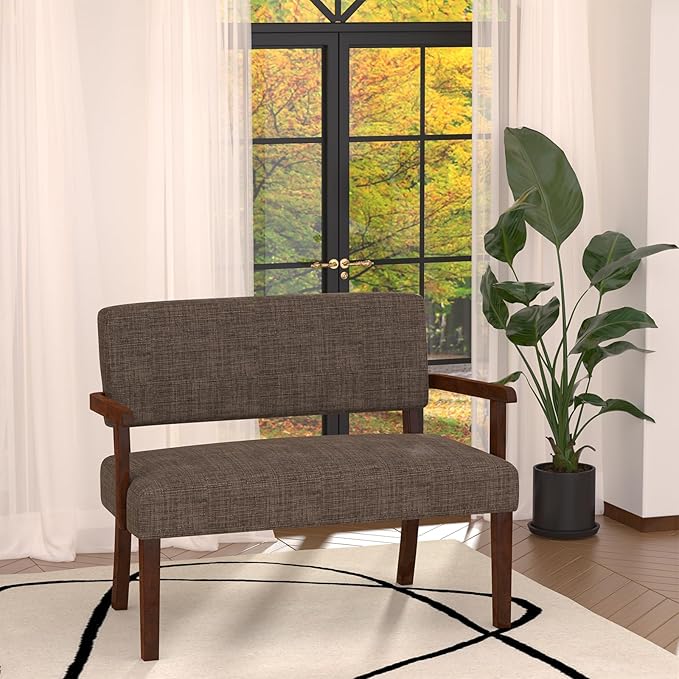Accent Chair 2 Seat Upholstered Reading Leisure Chair Bench with Solid Wood Frame for Dining ReadingWaiting Rooms (Brown)