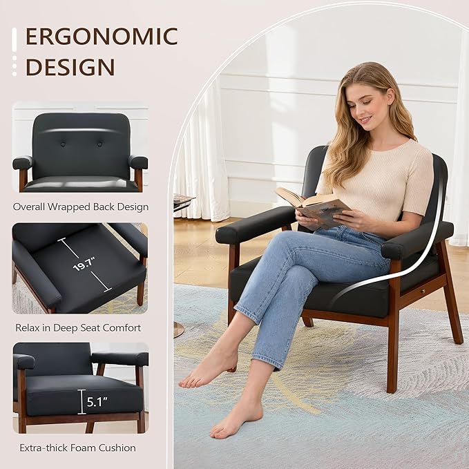 JIASTING Accent Chairs Set of 2 Black Leather Chairs with Solid Wood Frame Tufted Small Mid-Century Modern Wooden Arm Chair Comfy Office Reading Armchair for Living Room Bedroom (2)