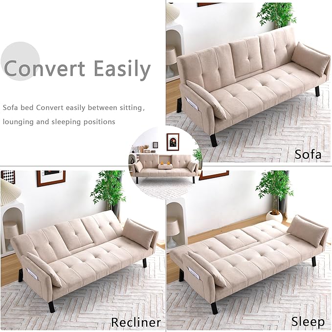 70 Futon Sofa with CupholdersAdjustable Backrest Cotton Linen with Cup Holders and 2 Throw Pillows Sleeper Sofa for Living Room Apartment Small Space (Beige)