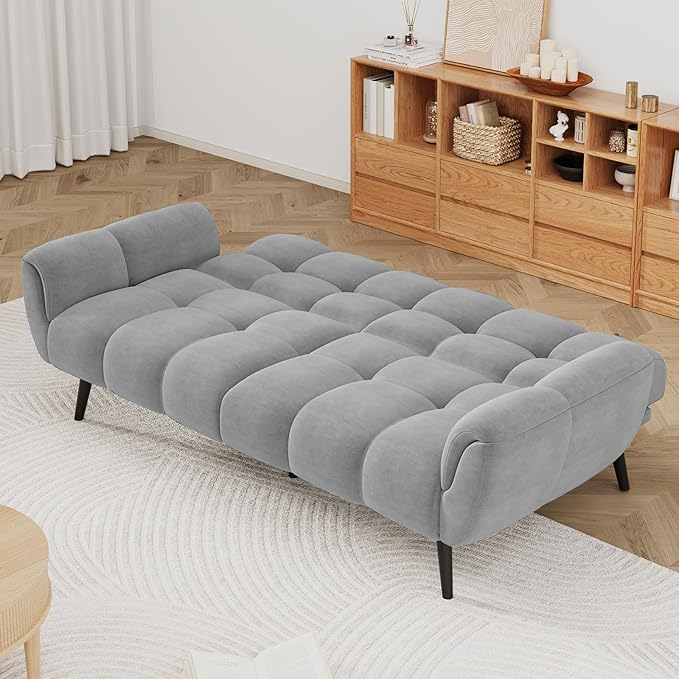 Convertible Futon Sofa Bed 76.77 Modern Linen Futon Couch Comfy Sleeper Sofa with Adjustable Backrests Couch Bed for Small Spaces Living Room Bedroom Apartment Grey