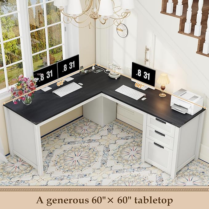 Vabches Wood L Shaped Executive Desk Farmhouse Home Office Desk with Drawers and Under-Desk Storage Shelf Corner Computer Desk with Power Outlets for Home Office Study Bedroom White and Black
