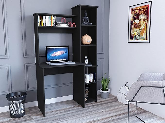 Black Writing Desk with 2 Shelves &amp 5 Cubbies - Compact Home Office Computer Desk