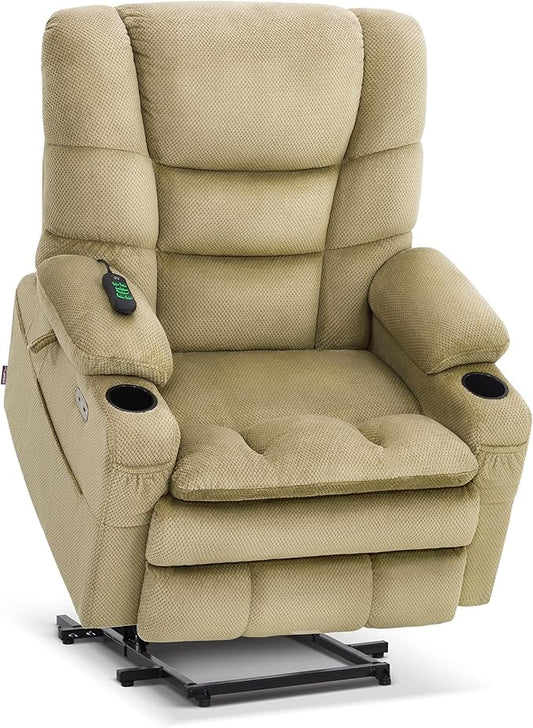 MCombo Oversized Triple Motor Power Lift Recliner Chair with Massage and Dual Heating Adjustable Headrest for Big and Tall Elderly People Fabric R7635 (Beige Large-Oversize)