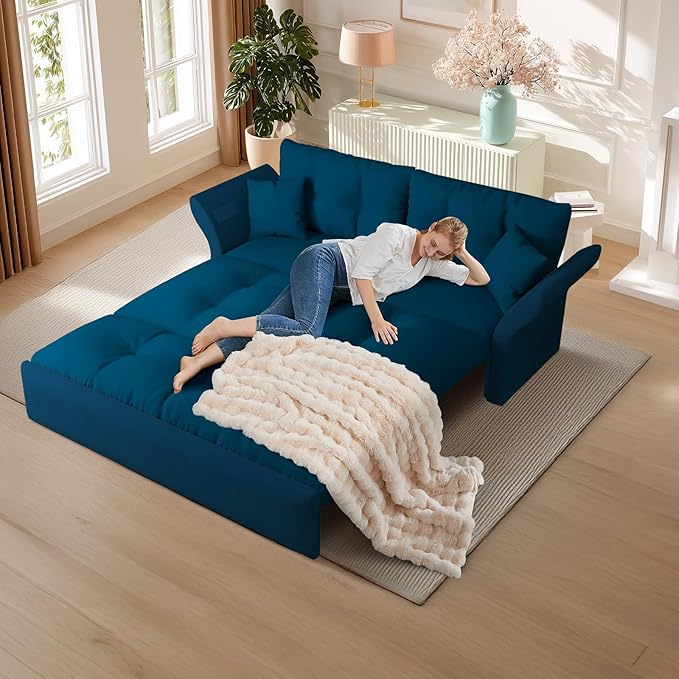 74.8 Queen Pull Out Sofa Bed 3-in-1 Convertible Sleeper Sofa Velvet Small Loveseat for Small Spaces Comfy Cloud Pullout Couches Multi-Functional Couches for Living Room Apartment (Blue)