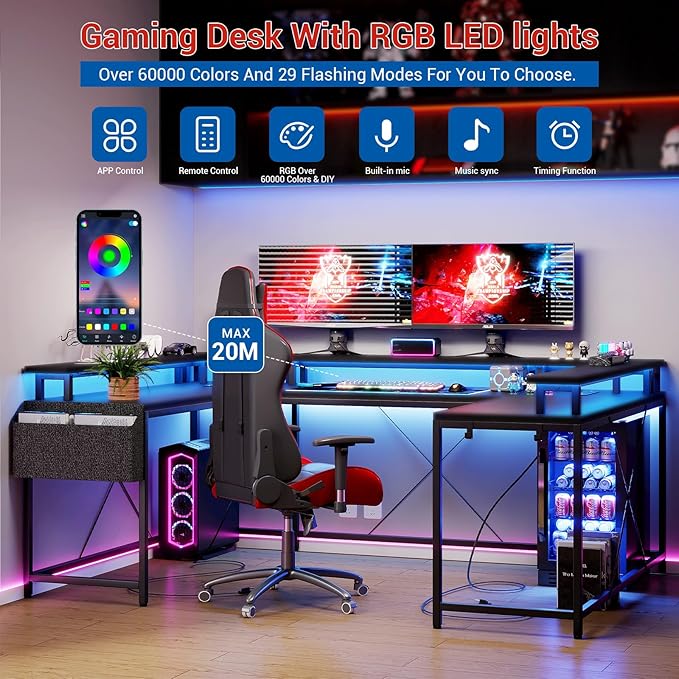 U Shaped Desk with Power Outlets USB Ports &amp RGB LED Lights 79 Inch Large Corner Computer Desk with Monitor Stand Reversible Gaming Desk for Home Office Ergonomic Workstation (Black)